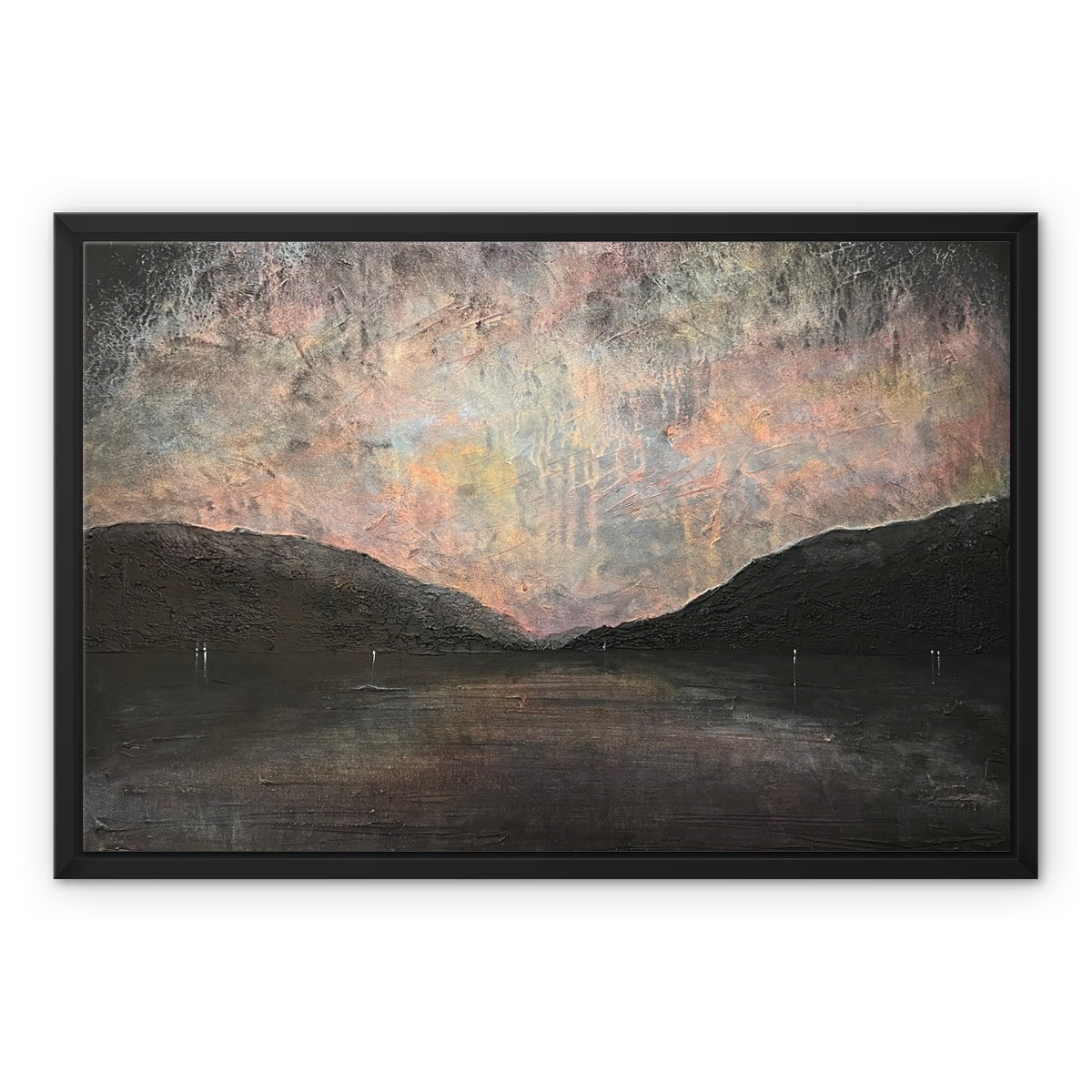 A Brooding Loch Lomond Painting | Framed Canvas From Scotland-Floating Framed Canvas Prints-Scottish Lochs & Mountains Art Gallery-24"x18"-Black Frame-Paintings, Prints, Homeware, Art Gifts From Scotland By Scottish Artist Kevin Hunter