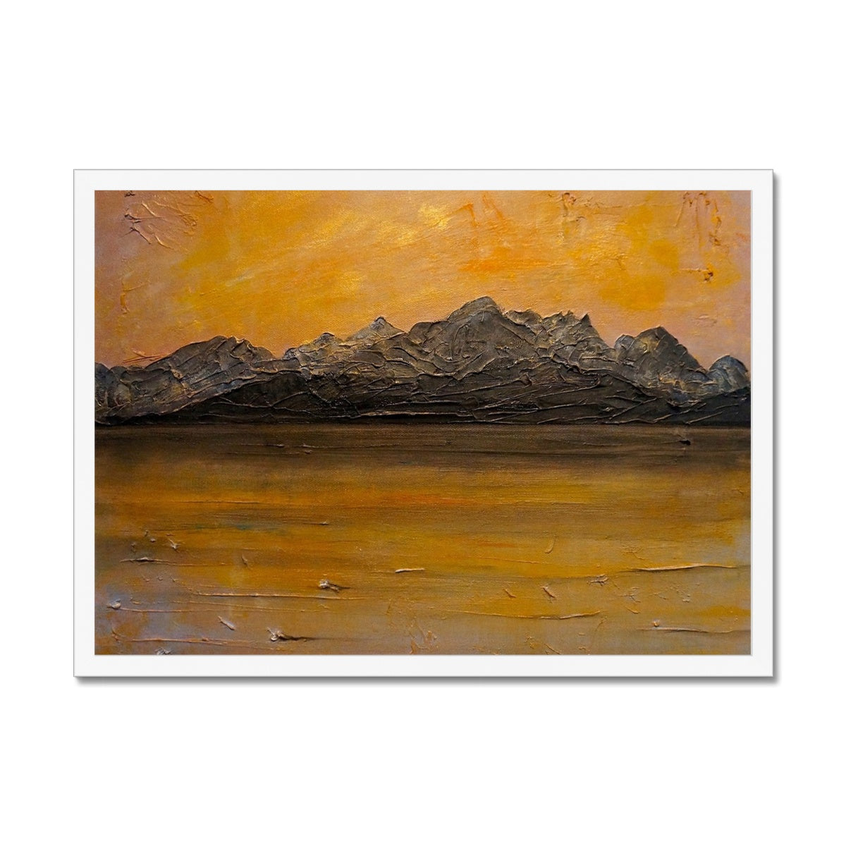 Cuillin Sunset Skye Painting | Framed Prints From Scotland-Framed Prints-Skye Art Gallery-A2 Landscape-White Frame-Paintings, Prints, Homeware, Art Gifts From Scotland By Scottish Artist Kevin Hunter