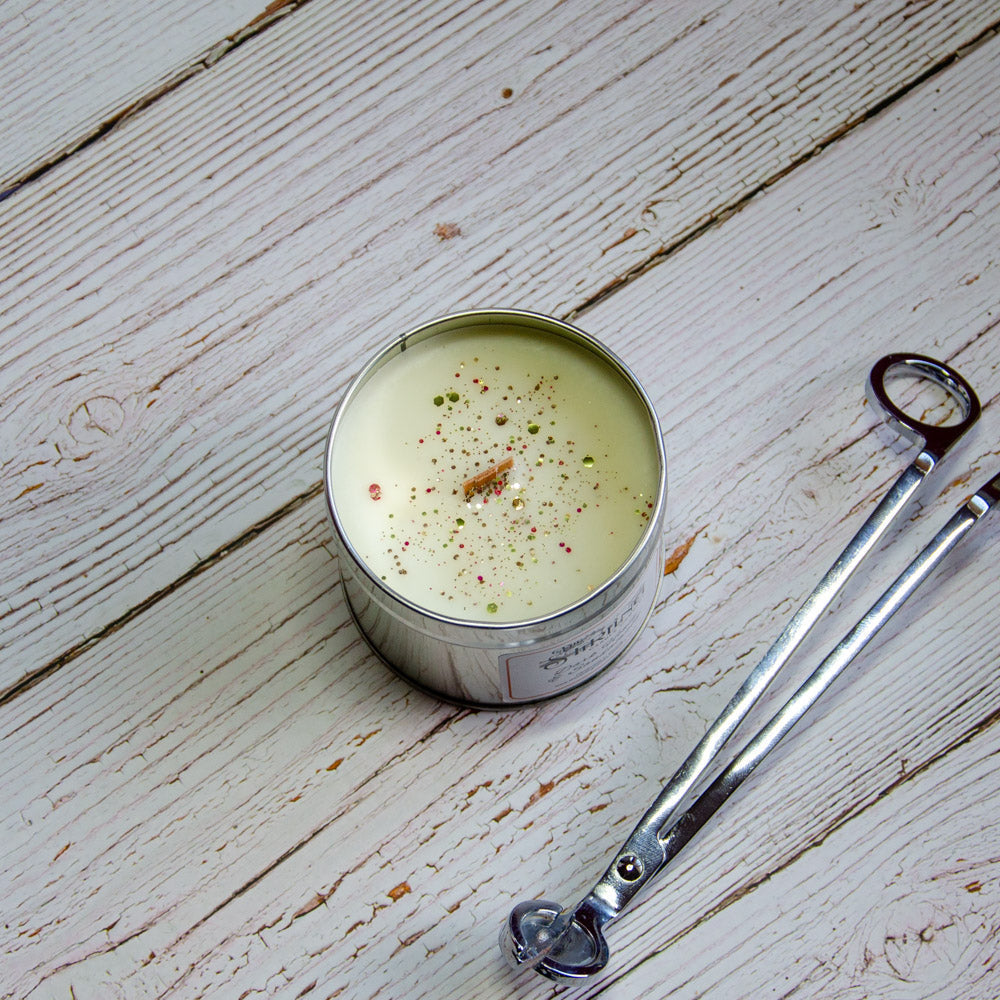 Dark Honey & Sandalwood travel tin candle with glitter sprinkles