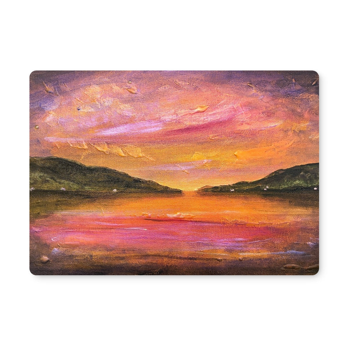 Vibrant Loch Ness sunset placemat with pink orange purple brushstrokes