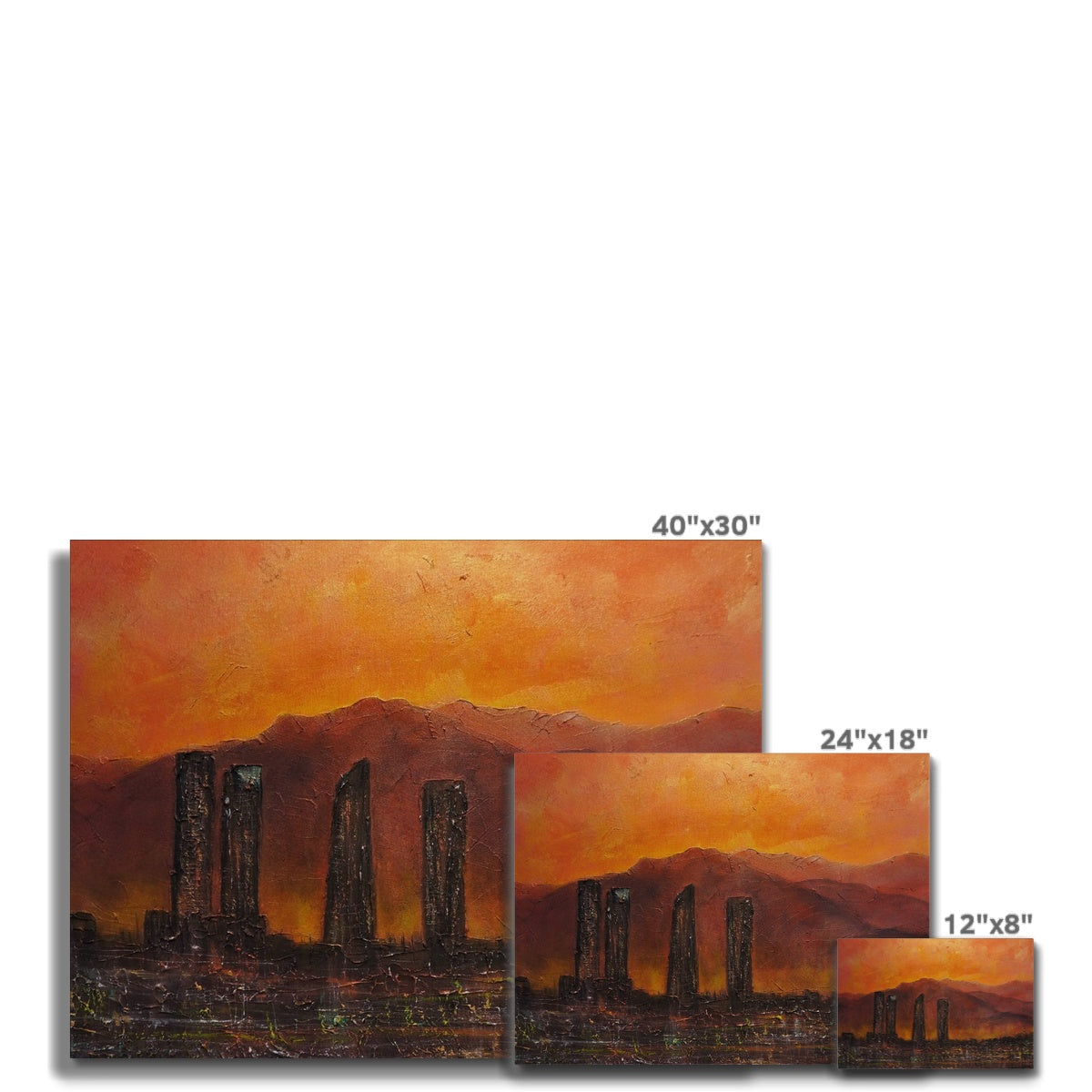 Madrid Dusk Canvas: 40x30 inch desert landscape with tall columns in orange hues