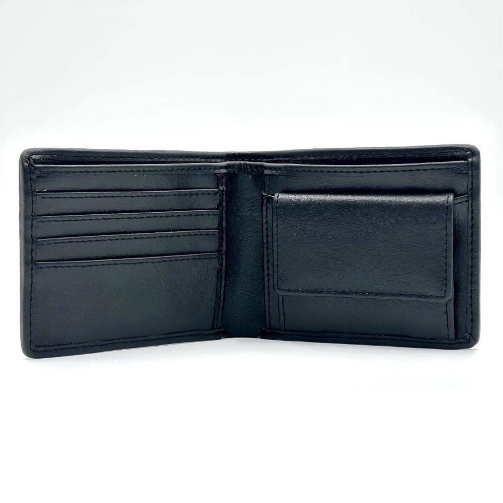 Black leather harris tweed bifold coin wallet charcoal with multiple card slots and a single bill compartment