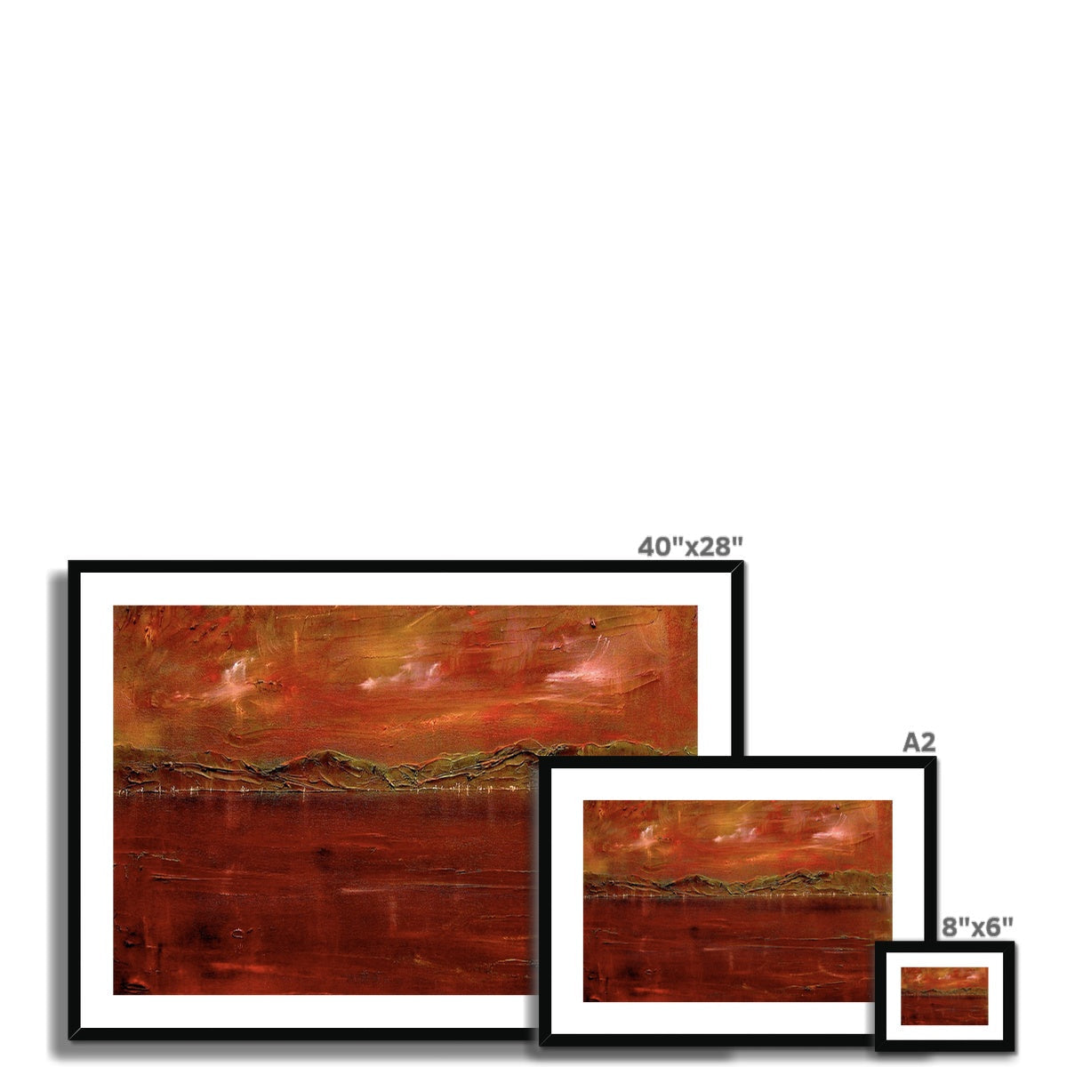 40x28 inch framed Deep Clyde Dusk abstract landscape print in red orange