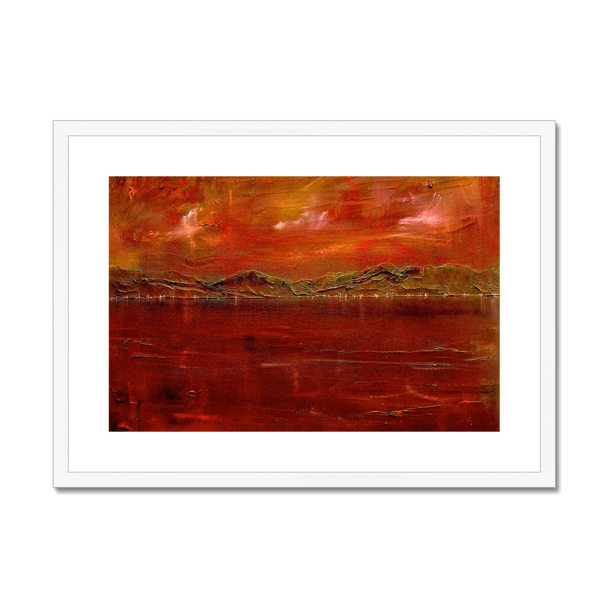 Red and orange abstract landscape art print with textured brushstrokes in white frame, Deep Clyde Dusk