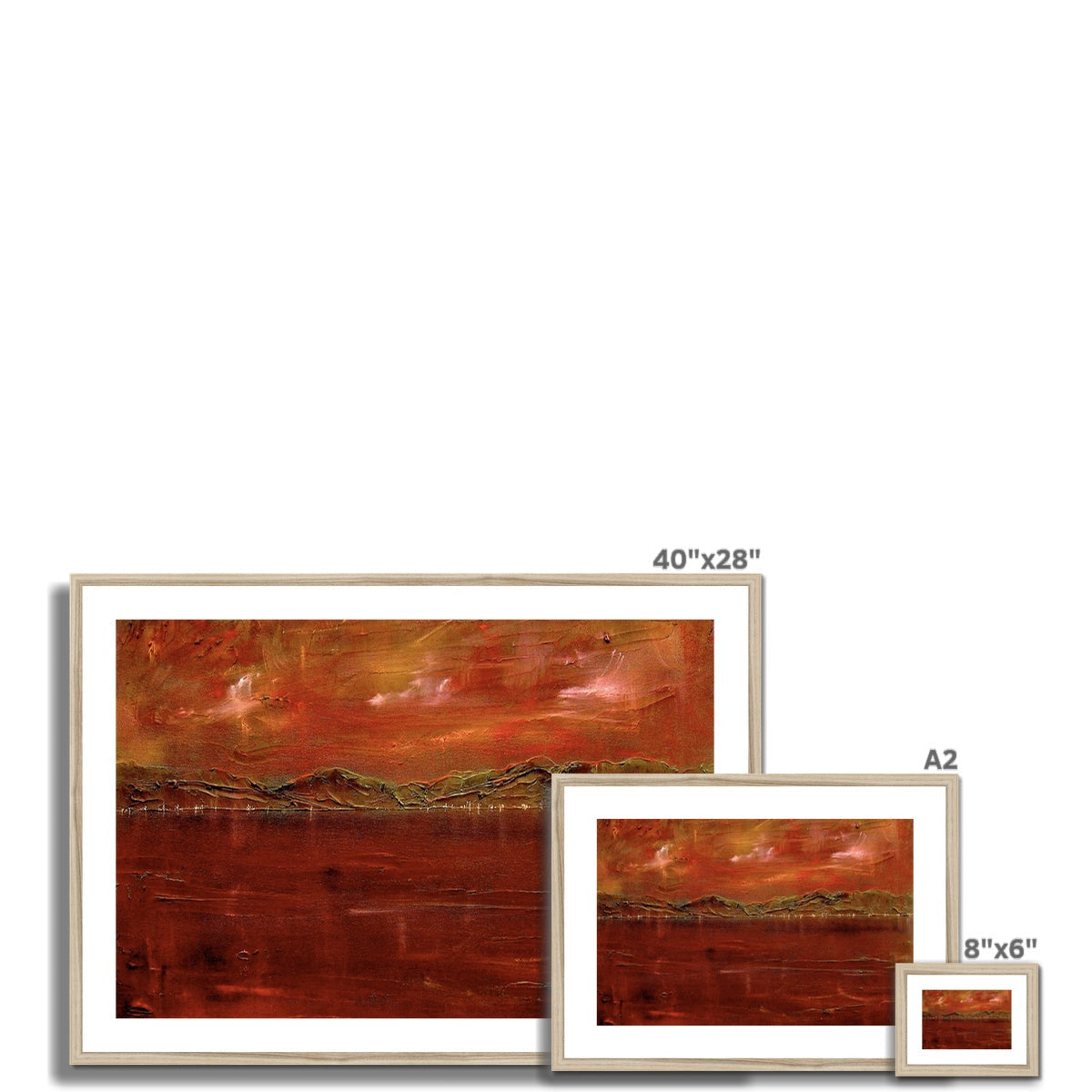 40x28 inch Deep Clyde Dusk framed abstract landscape print in warm orange red hues on textured canvas