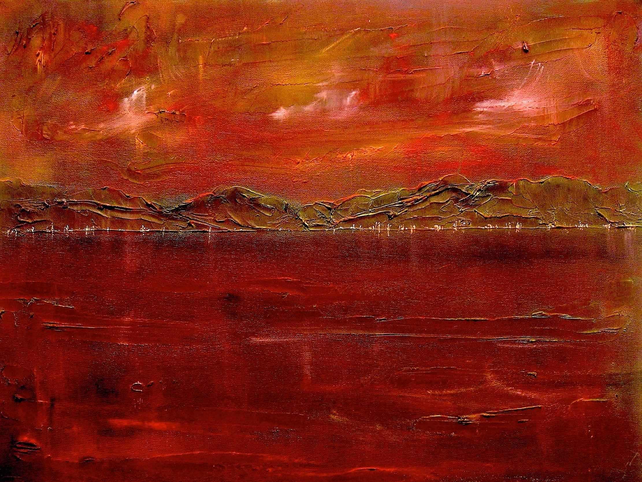Deep Clyde Dusk Original Painting of fiery red sunset over water with distant mountains