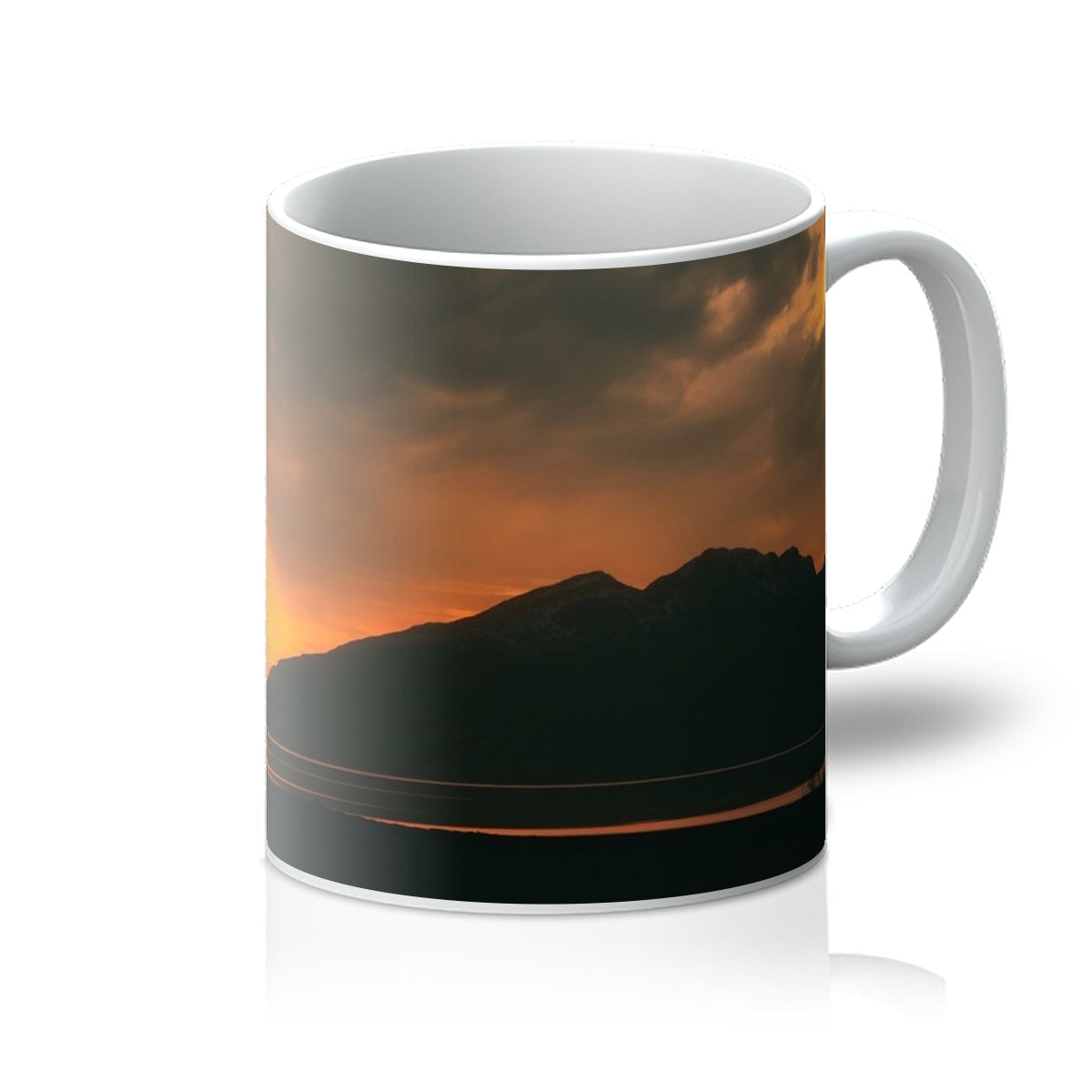 Deep Loch Leven Sunset Mug with orange-yellow sky and mountain silhouette