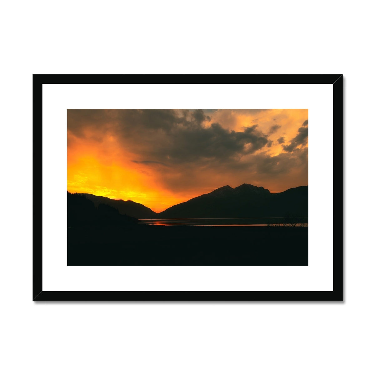 Deep Loch Leven sunset print with black frame and mountain silhouette