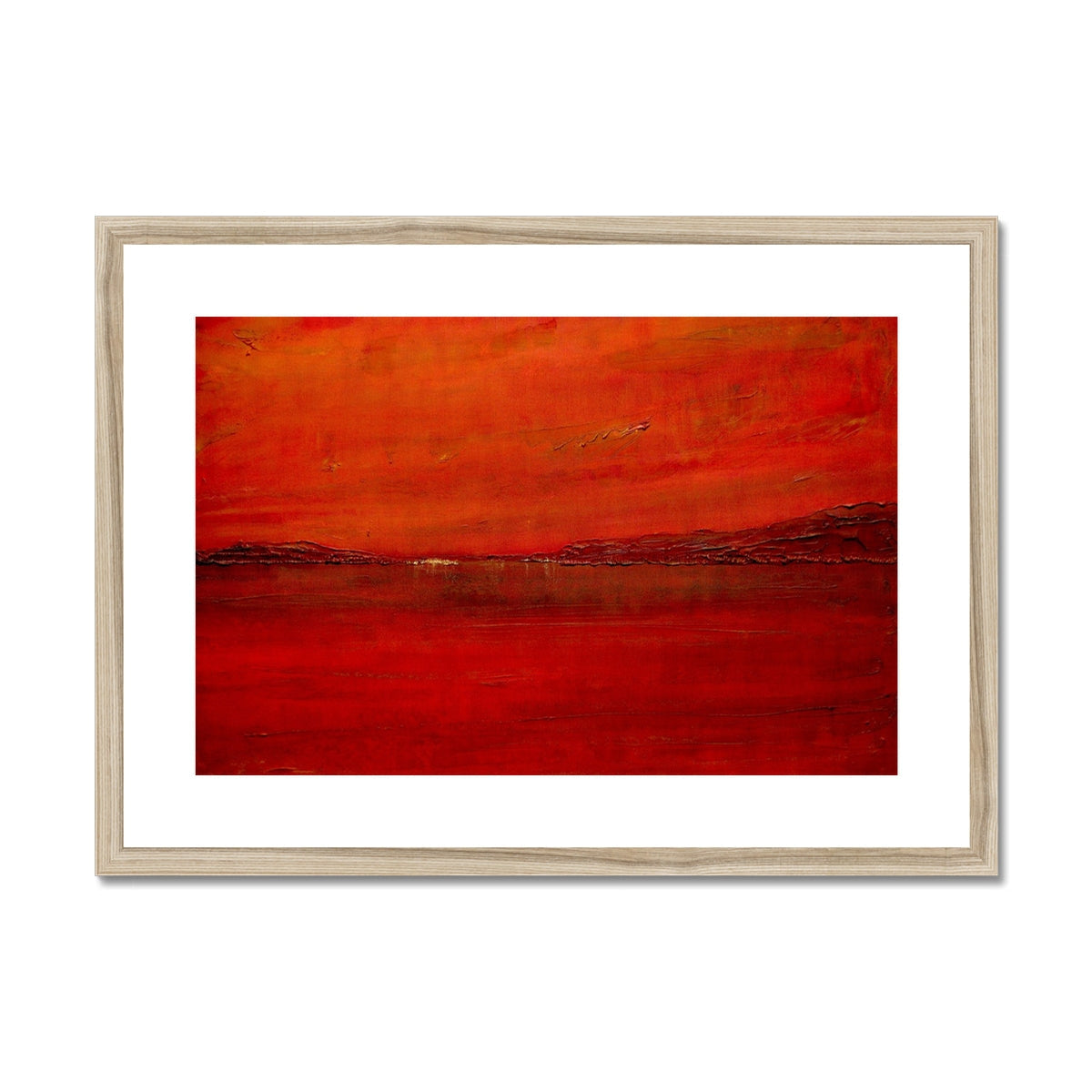 Red abstract sunset painting with black horizon, light wood frame