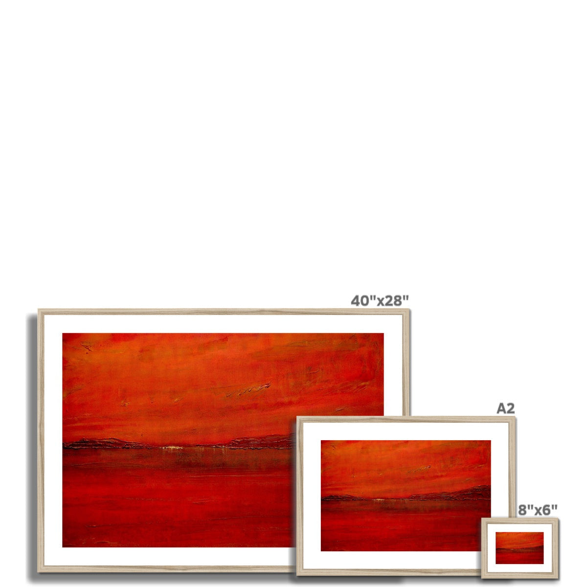 Red abstract landscape painting in white frame, Deep Loch Lomond Sunset print
