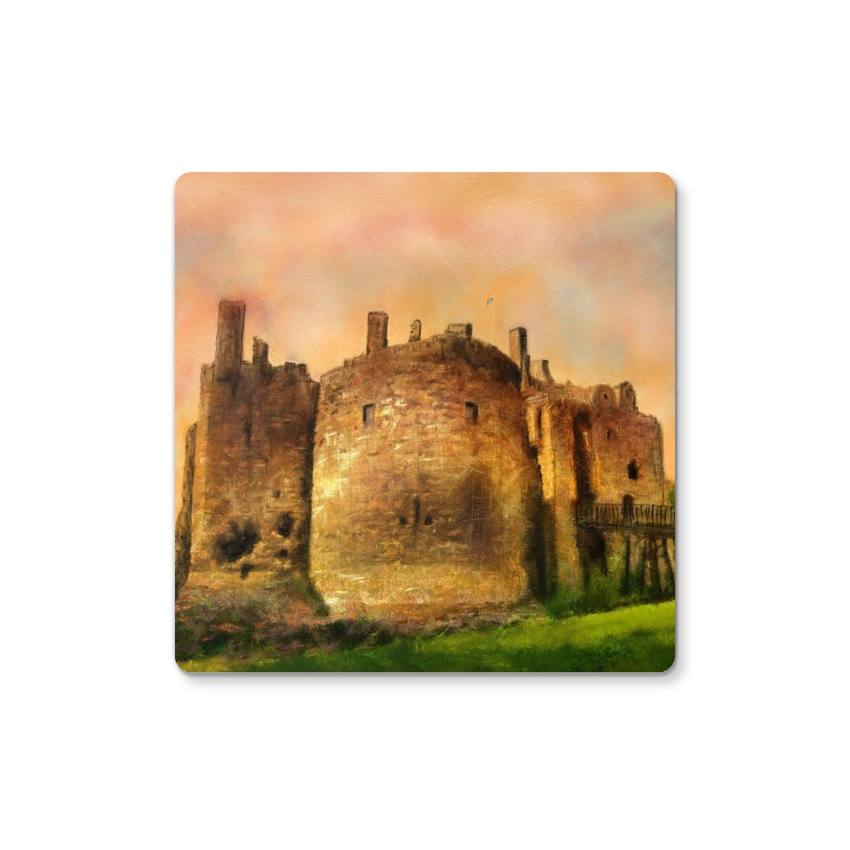 Dirleton Castle Art Gifts Coaster-Coasters-Historic & Iconic Scotland Art Gallery-2 Coasters-Paintings, Prints, Homeware, Art Gifts From Scotland By Scottish Artist Kevin Hunter