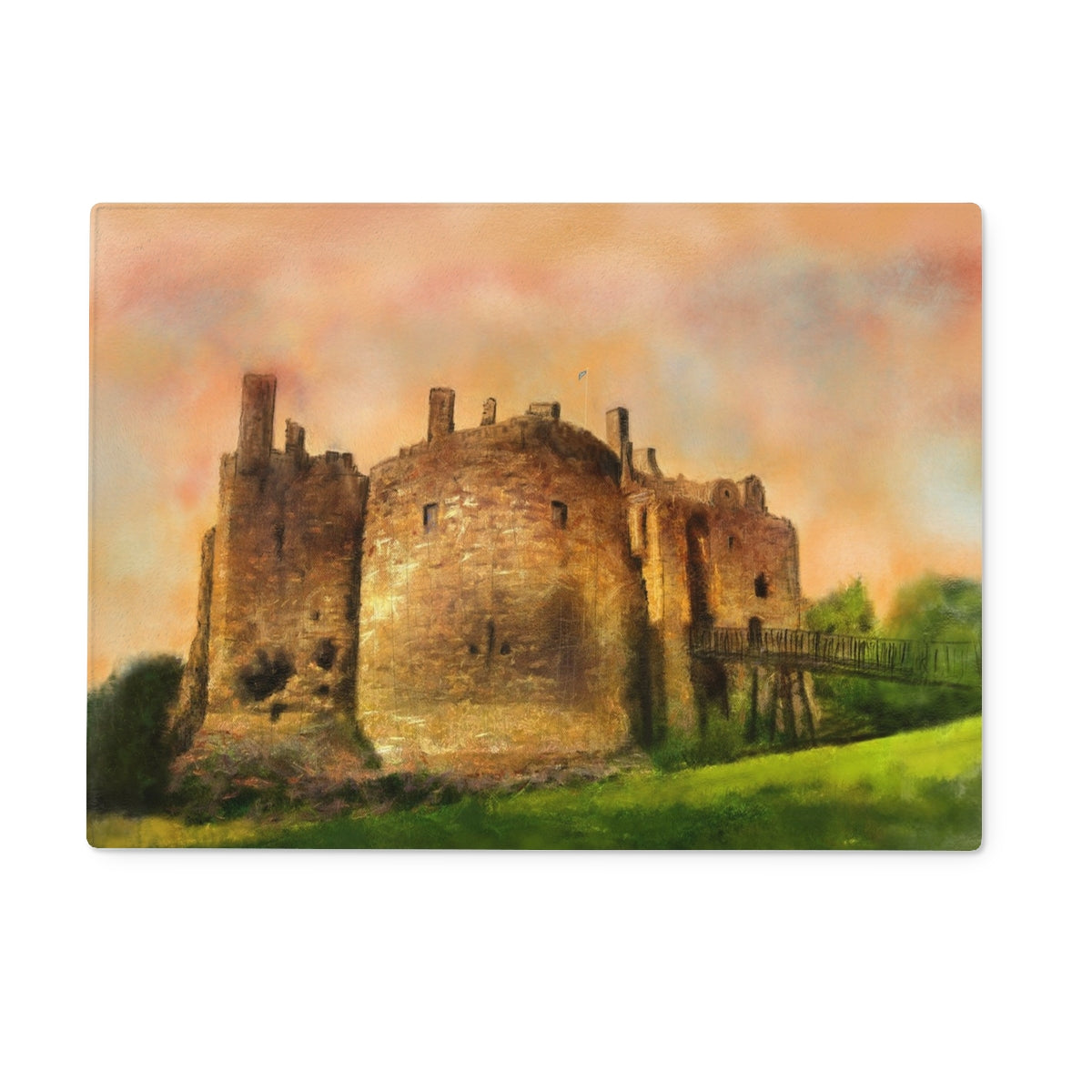 Dirleton Castle Art Gifts Glass Chopping Board-Glass Chopping Boards-Historic & Iconic Scotland Art Gallery-15"x11" Rectangular-Paintings, Prints, Homeware, Art Gifts From Scotland By Scottish Artist Kevin Hunter