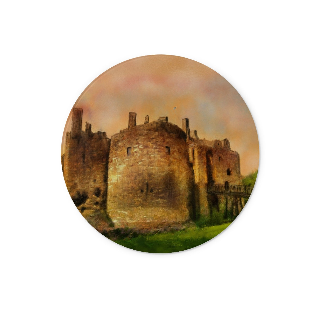 Dirleton Castle Art Gifts Glass Chopping Board-Glass Chopping Boards-Historic & Iconic Scotland Art Gallery-12" Round-Paintings, Prints, Homeware, Art Gifts From Scotland By Scottish Artist Kevin Hunter