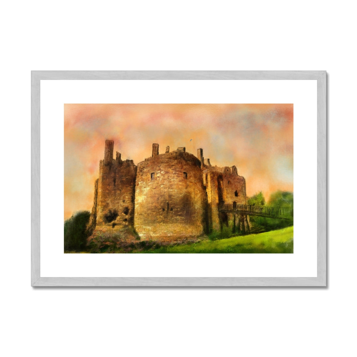 Dirleton Castle Dusk Painting | Antique Framed & Mounted Prints From Scotland-Antique Framed & Mounted Prints-Historic & Iconic Scotland Art Gallery-A2 Landscape-Silver Frame-Paintings, Prints, Homeware, Art Gifts From Scotland By Scottish Artist Kevin Hunter