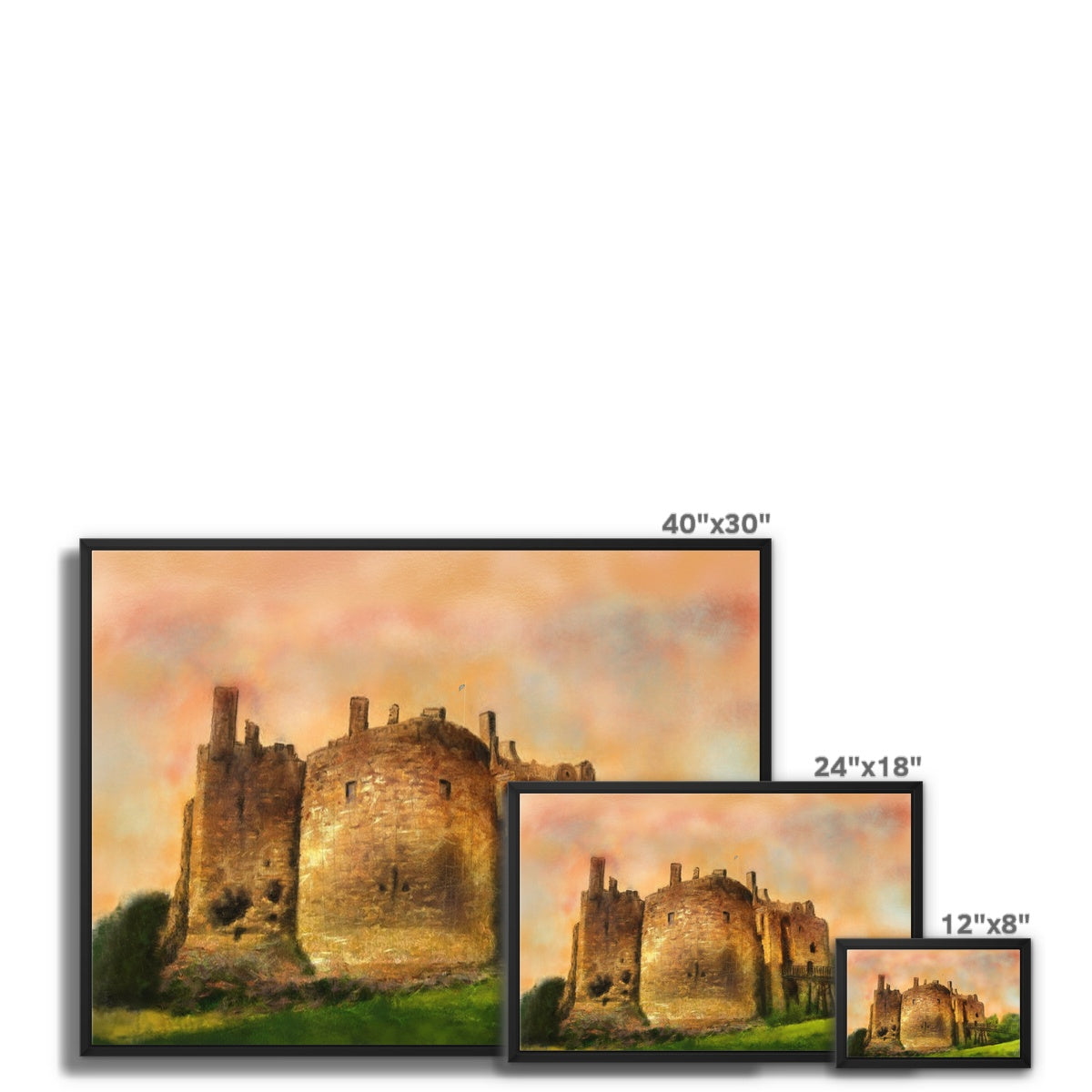Dirleton Castle Dusk Painting | Framed Canvas From Scotland-Floating Framed Canvas Prints-Historic & Iconic Scotland Art Gallery-Paintings, Prints, Homeware, Art Gifts From Scotland By Scottish Artist Kevin Hunter