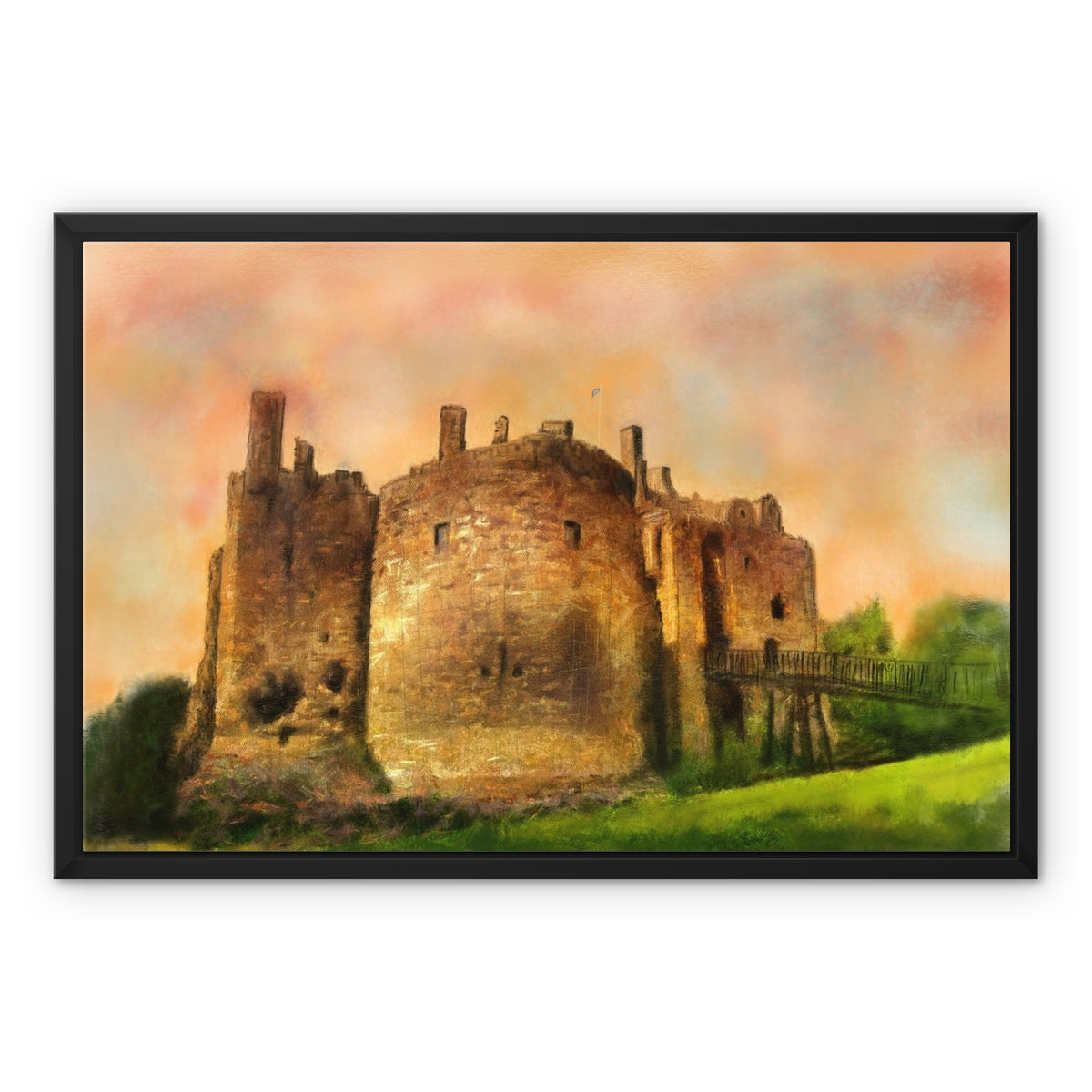 Dirleton Castle Dusk Painting | Framed Canvas From Scotland-Floating Framed Canvas Prints-Historic & Iconic Scotland Art Gallery-24"x18"-Paintings, Prints, Homeware, Art Gifts From Scotland By Scottish Artist Kevin Hunter