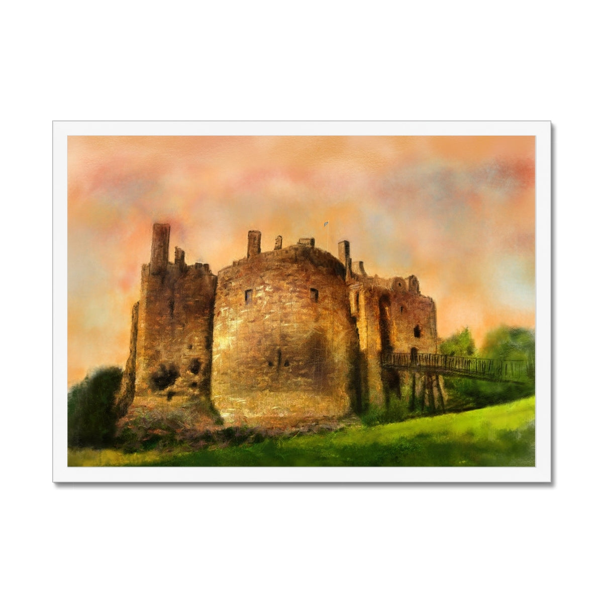 Dirleton Castle Dusk Painting | Framed Prints From Scotland-Framed Prints-Historic & Iconic Scotland Art Gallery-A2 Landscape-White Frame-Paintings, Prints, Homeware, Art Gifts From Scotland By Scottish Artist Kevin Hunter