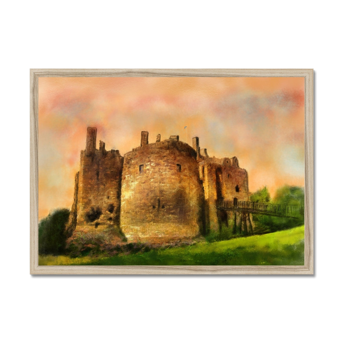 Dirleton Castle Dusk Painting | Framed Prints From Scotland-Framed Prints-Historic & Iconic Scotland Art Gallery-A2 Landscape-Natural Frame-Paintings, Prints, Homeware, Art Gifts From Scotland By Scottish Artist Kevin Hunter