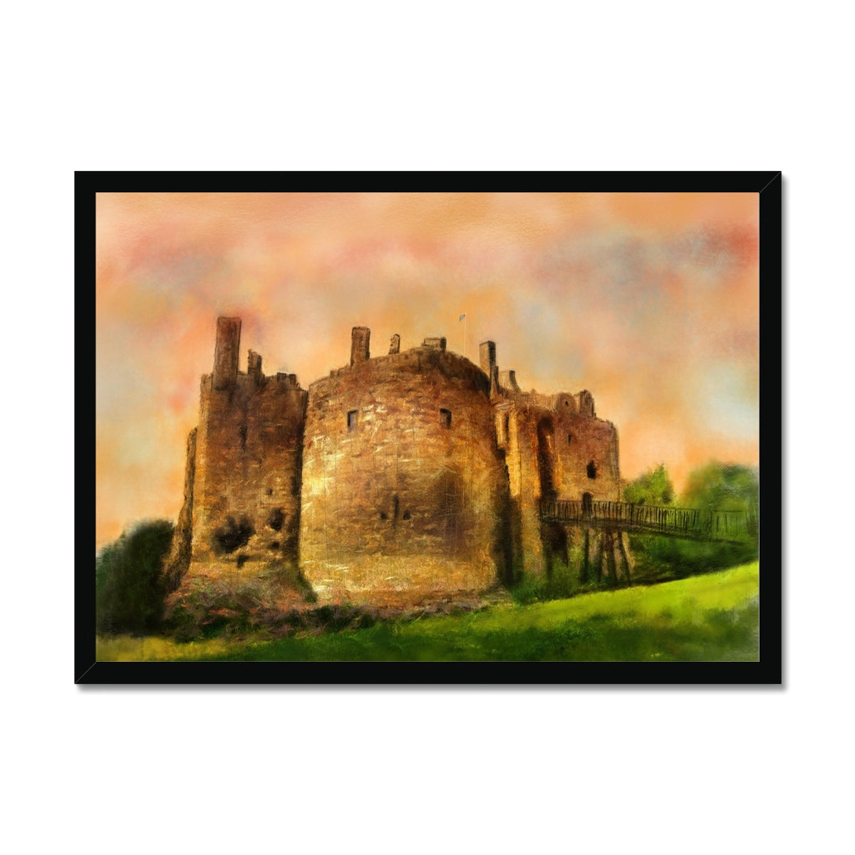 Dirleton Castle Dusk Painting | Framed Prints From Scotland-Framed Prints-Historic & Iconic Scotland Art Gallery-A2 Landscape-Black Frame-Paintings, Prints, Homeware, Art Gifts From Scotland By Scottish Artist Kevin Hunter