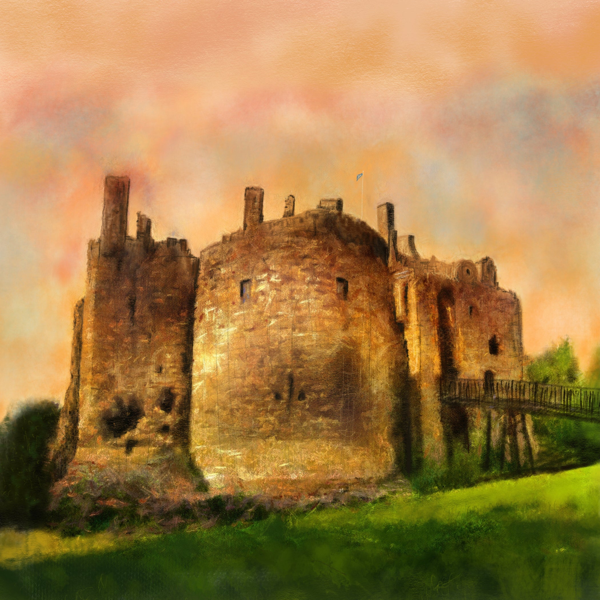 Ancient stone castle with towers and wooden bridge in Dirleton Castle Dusk Scotland In Your Pocket