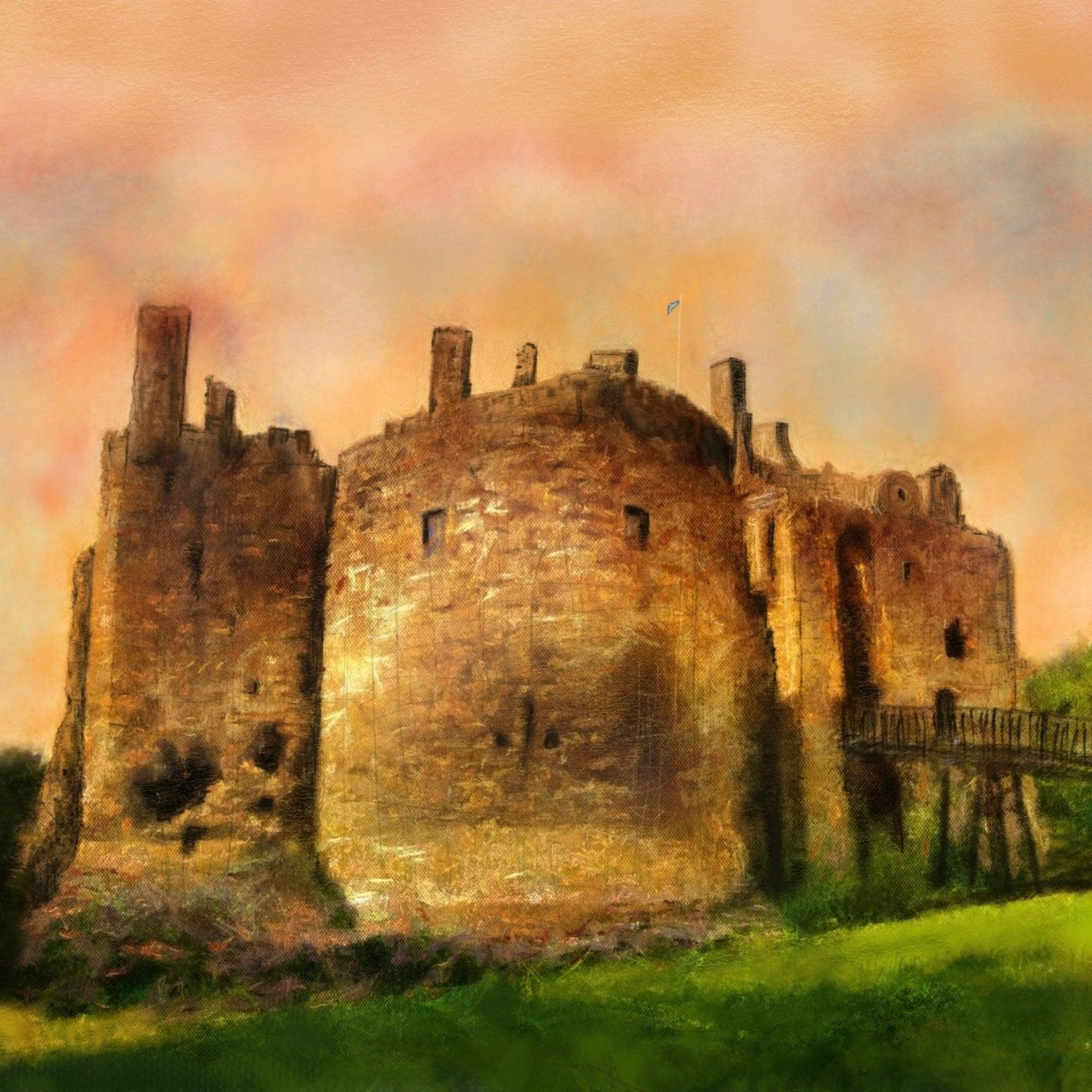 Dirleton Castle Dusk Wooden Art Block-Wooden Art Blocks-Historic & Iconic Scotland Art Gallery-Paintings, Prints, Homeware, Art Gifts From Scotland By Scottish Artist Kevin Hunter