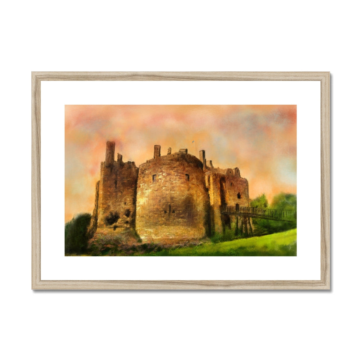 Framed print of 19th-century Dirleton Castle stone wall and gardens