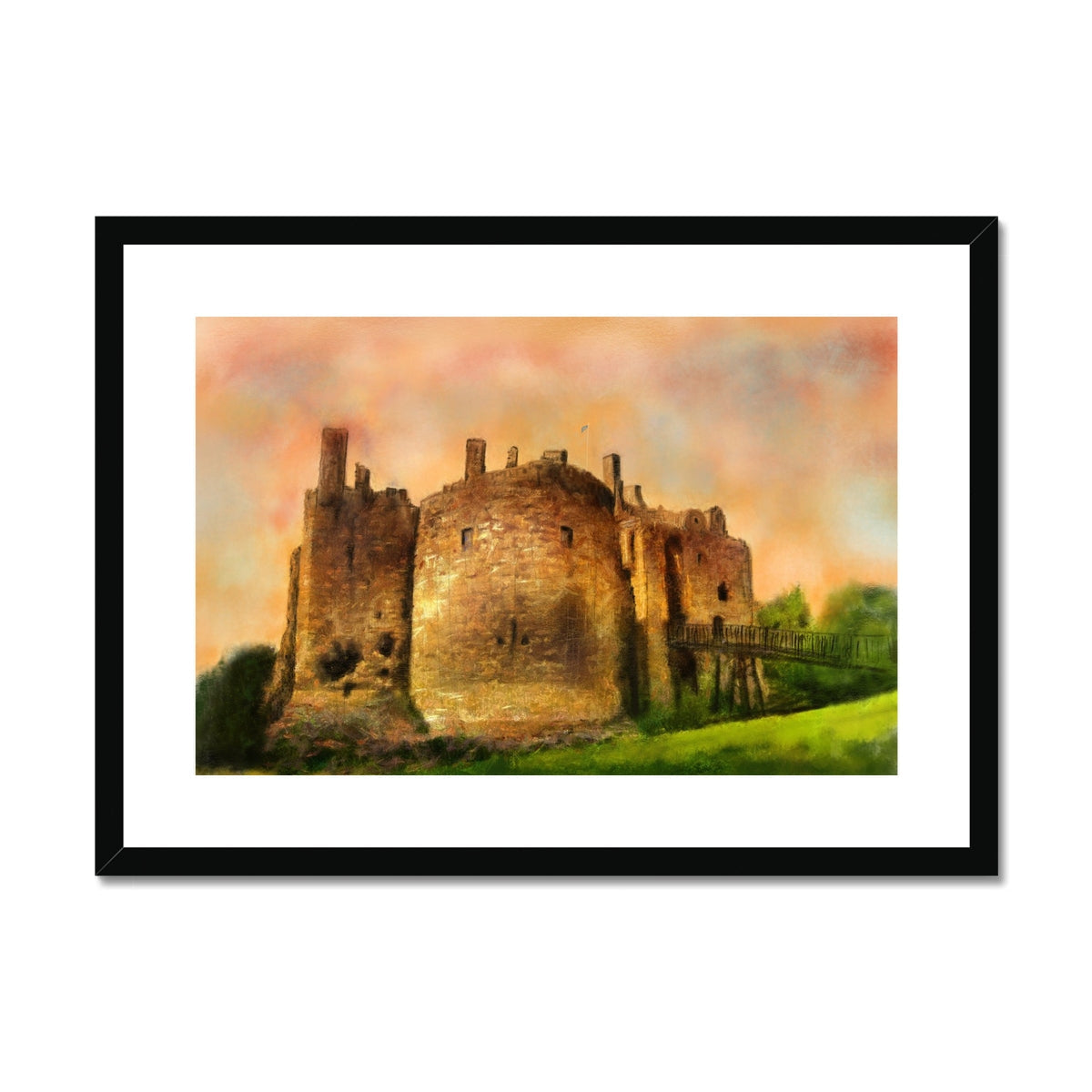 Dirleton Castle and Gardens framed print with black frame