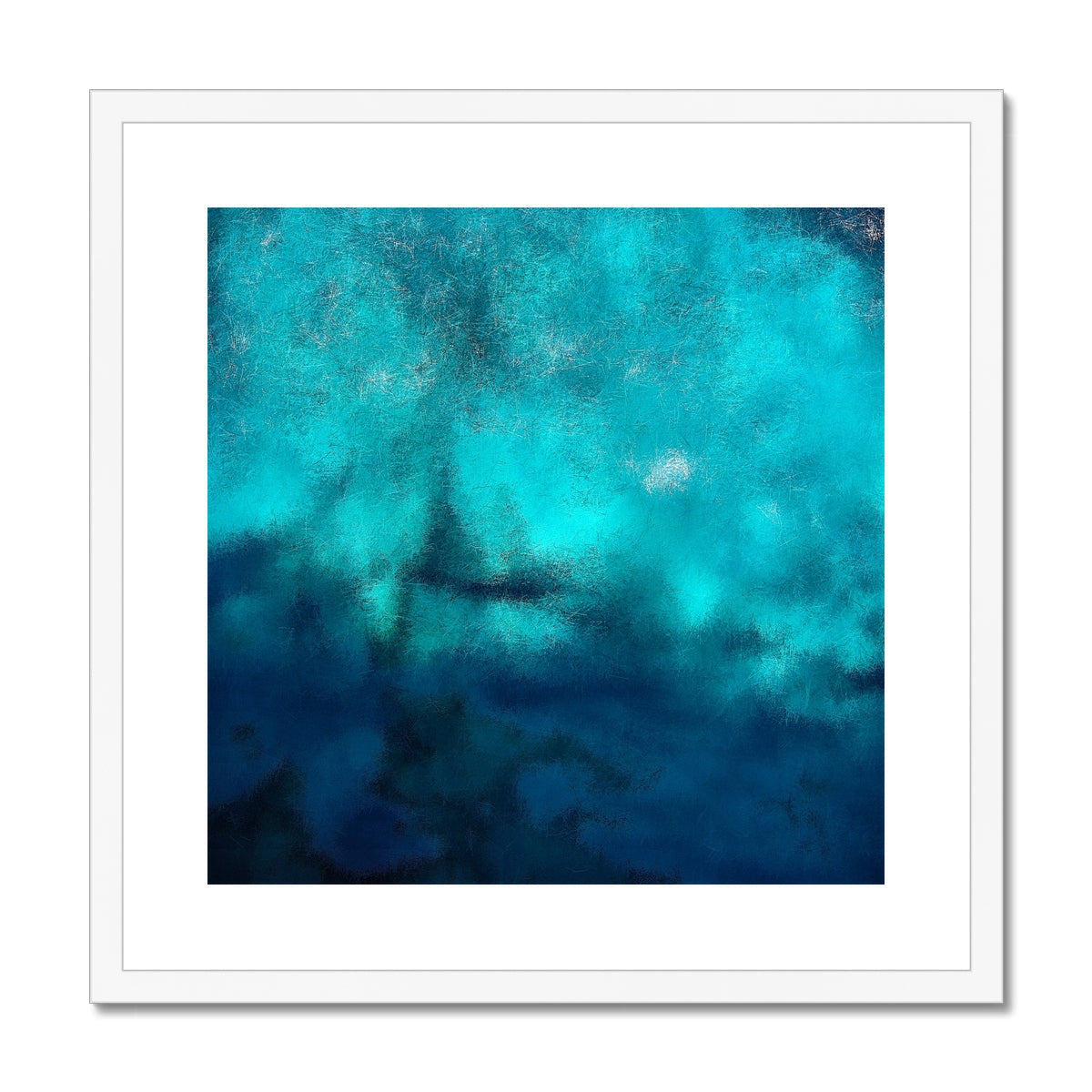 Turquoise abstract Diving Off Kefalos art print in white frame