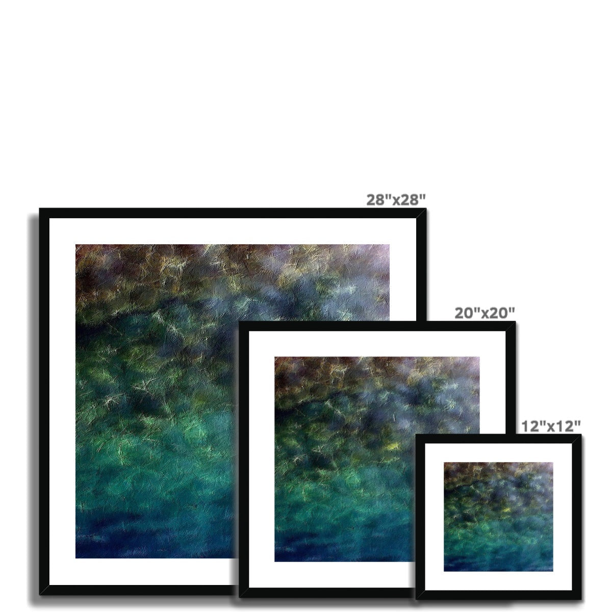 28x28 inch framed Diving Off Porto Venere abstract art print in black frame with teal blue green gradient