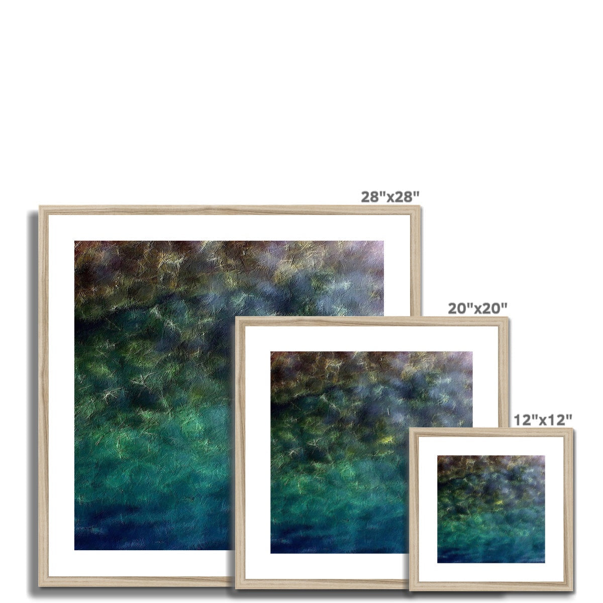 28x28 inch framed Diving Off Porto Venere abstract art print in teal and gray