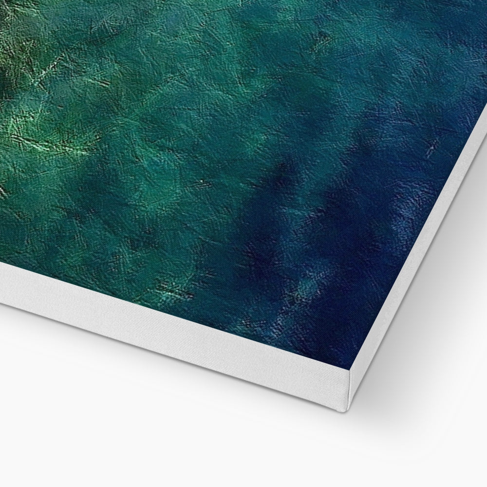 Teal and navy blue abstract Diving Off Porto Venere canvas print in silver frame