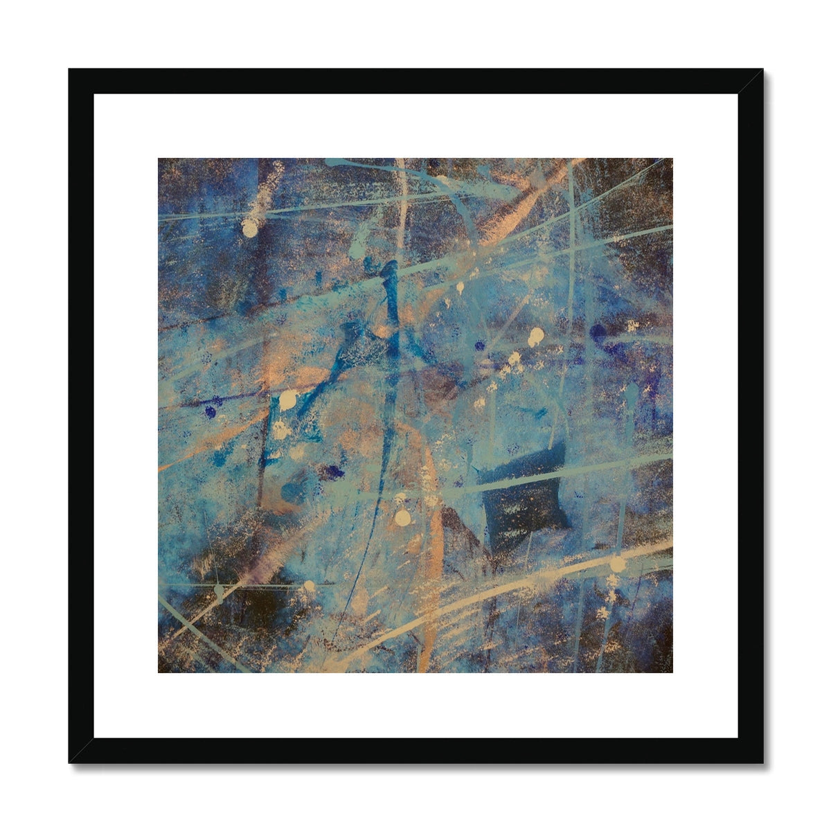 Black framed Diving With Rays abstract art print in blue gold tones