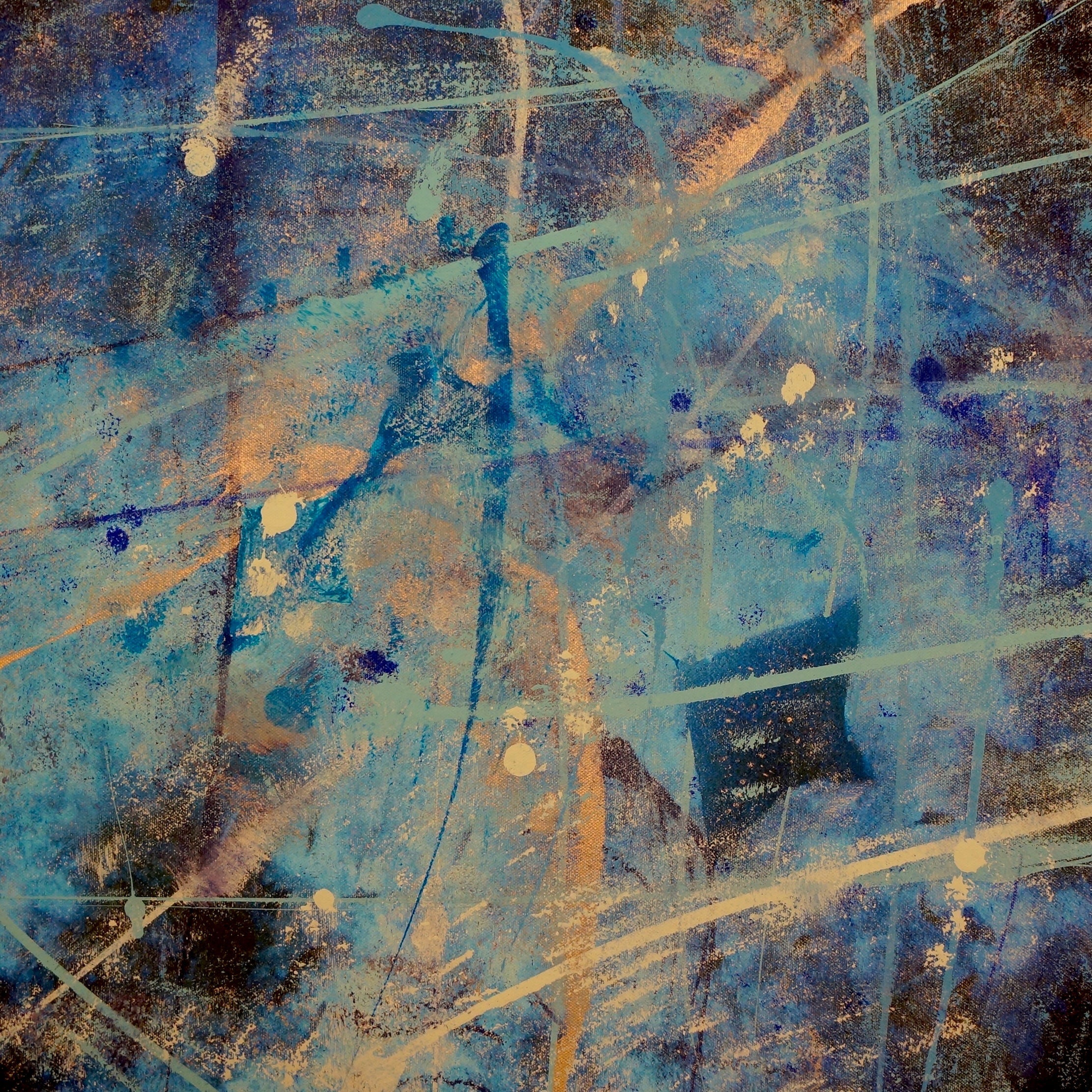 Abstract blue and beige paint splatter artwork in Diving with Rays Original Painting