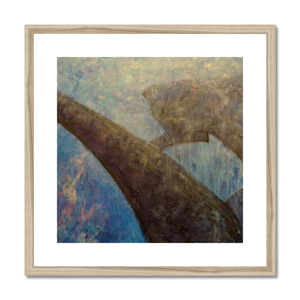 Abstract wooden framed painting of diving with sharks in brown blue hues