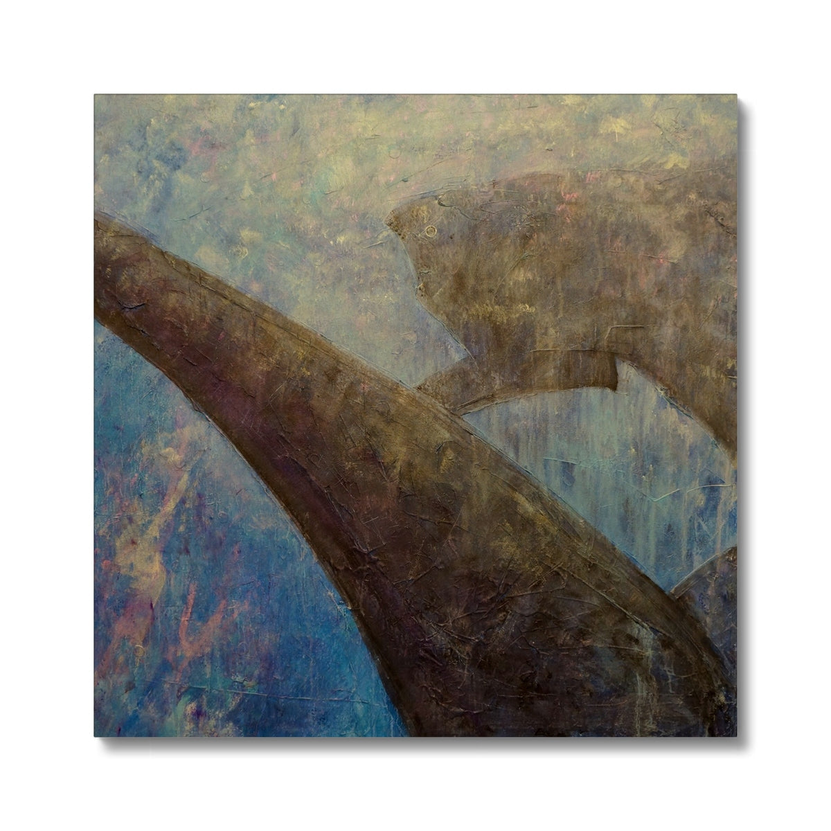 Brown tree branch wall art canvas print with textured sharks diving design