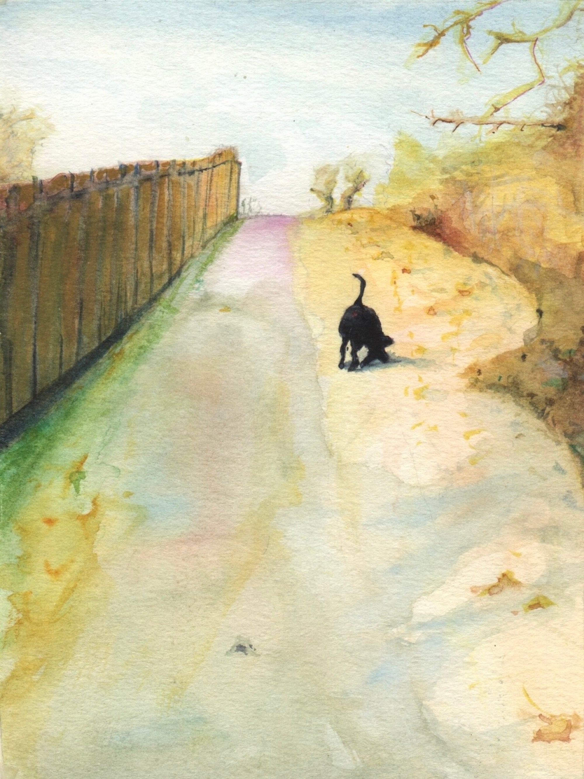 Black cat on dirt path in The Dog On Tower Hill Original Painting artwork