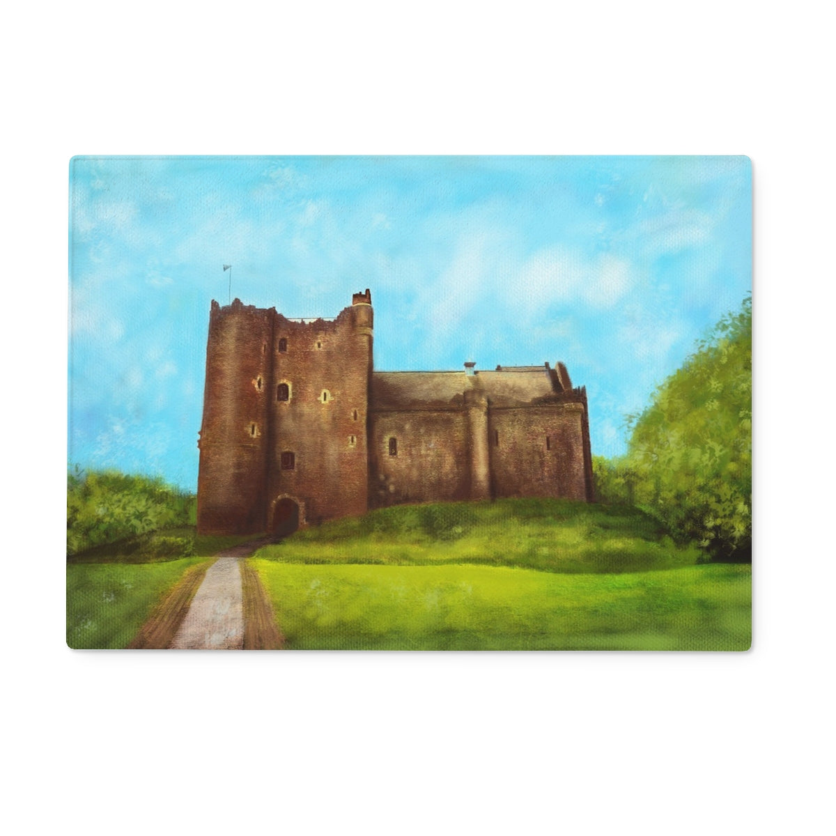 Doune Castle Art Gifts Glass Chopping Board-Glass Chopping Boards-Historic & Iconic Scotland Art Gallery-15"x11" Rectangular-Paintings, Prints, Homeware, Art Gifts From Scotland By Scottish Artist Kevin Hunter