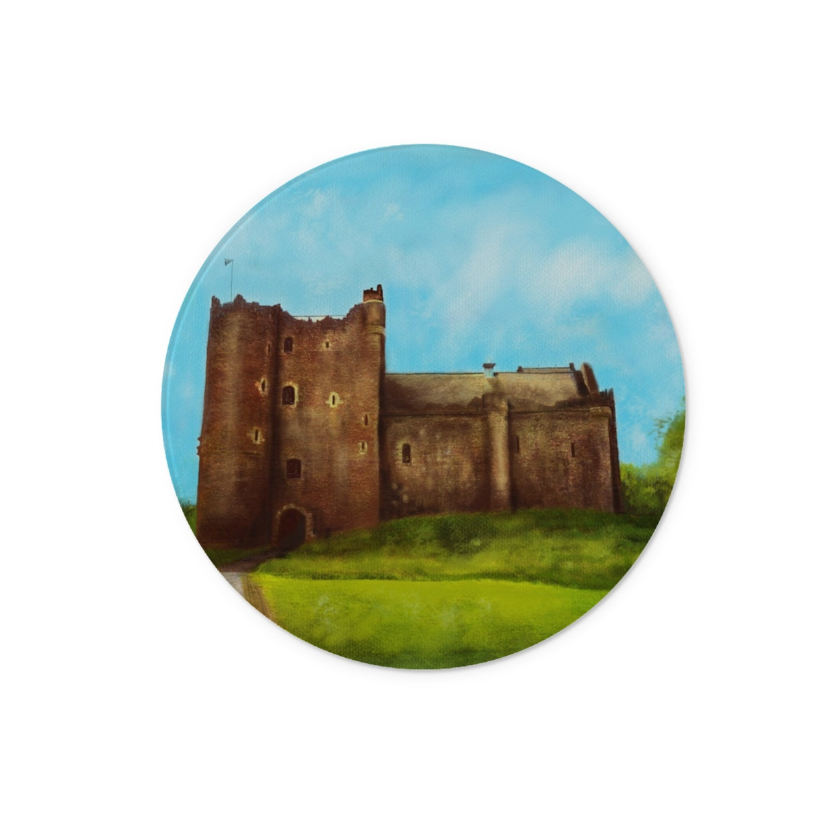 Doune Castle Art Gifts Glass Chopping Board-Glass Chopping Boards-Historic & Iconic Scotland Art Gallery-12" Round-Paintings, Prints, Homeware, Art Gifts From Scotland By Scottish Artist Kevin Hunter