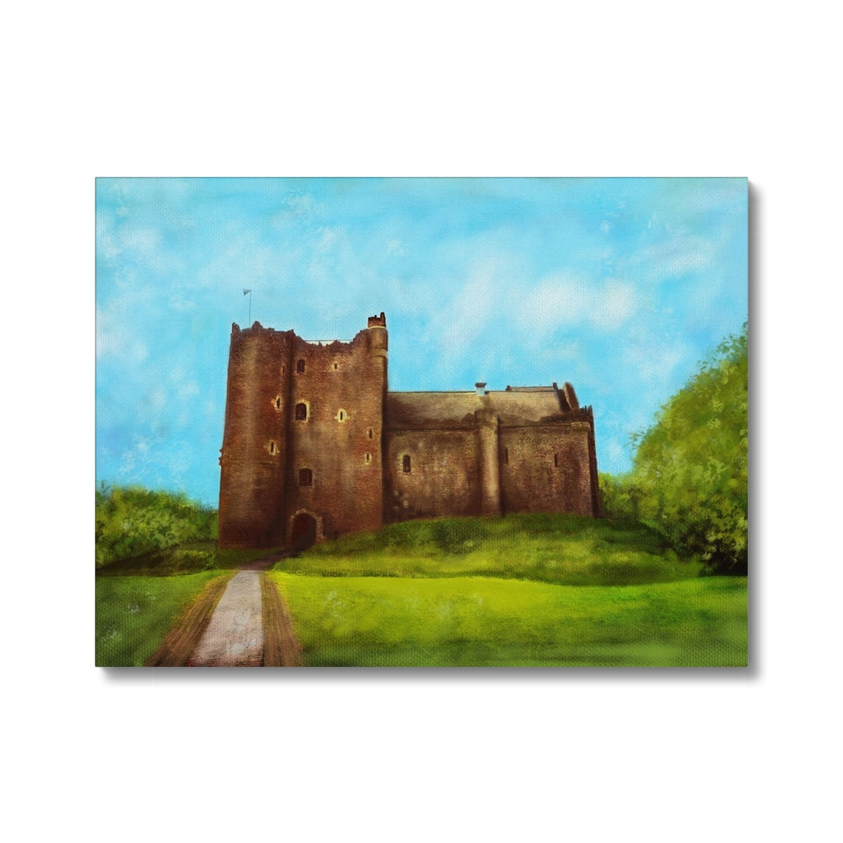 A painting of a historic stone castle on a grassy hill under a bright blue sky.