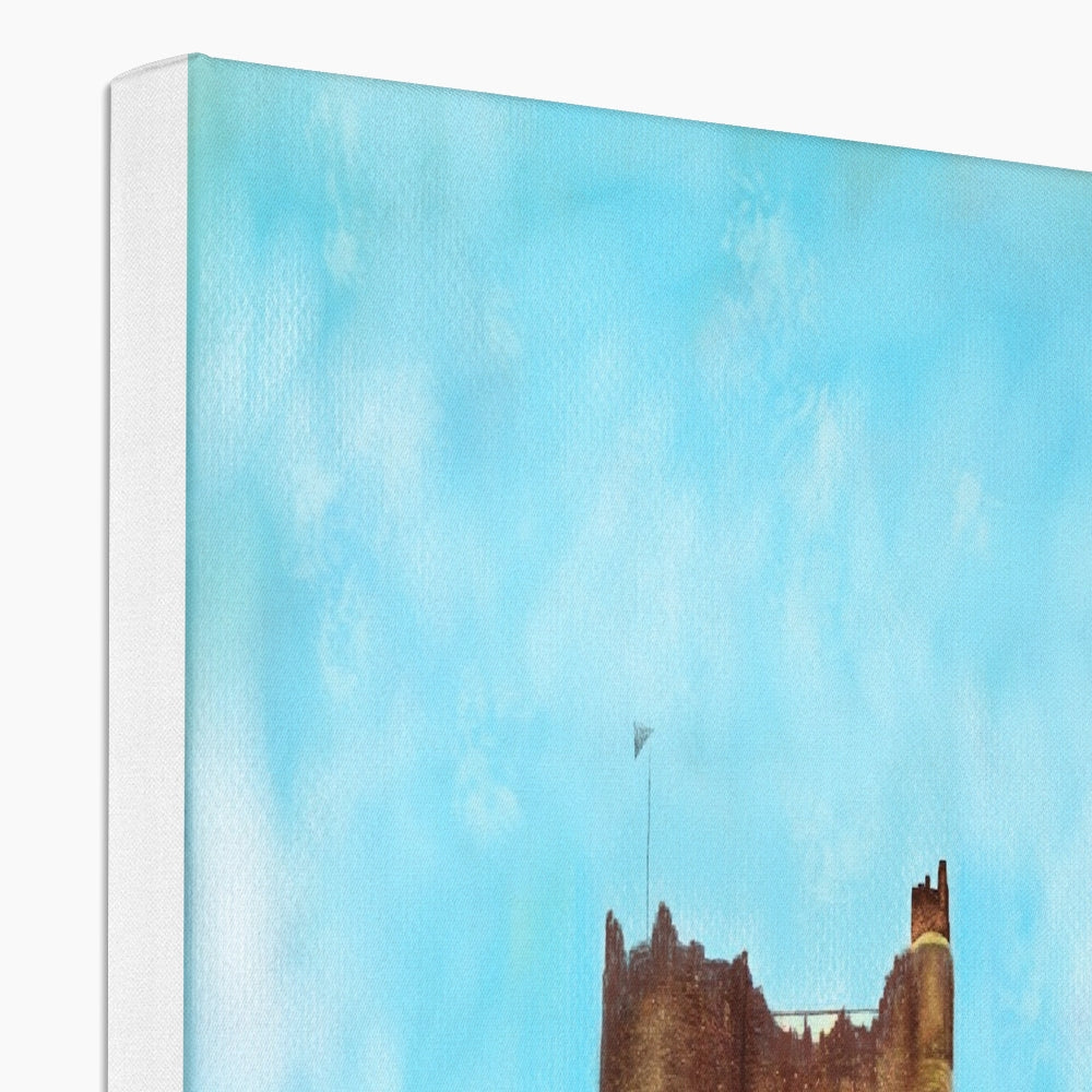 A framed canvas print of a castle under a light blue sky.