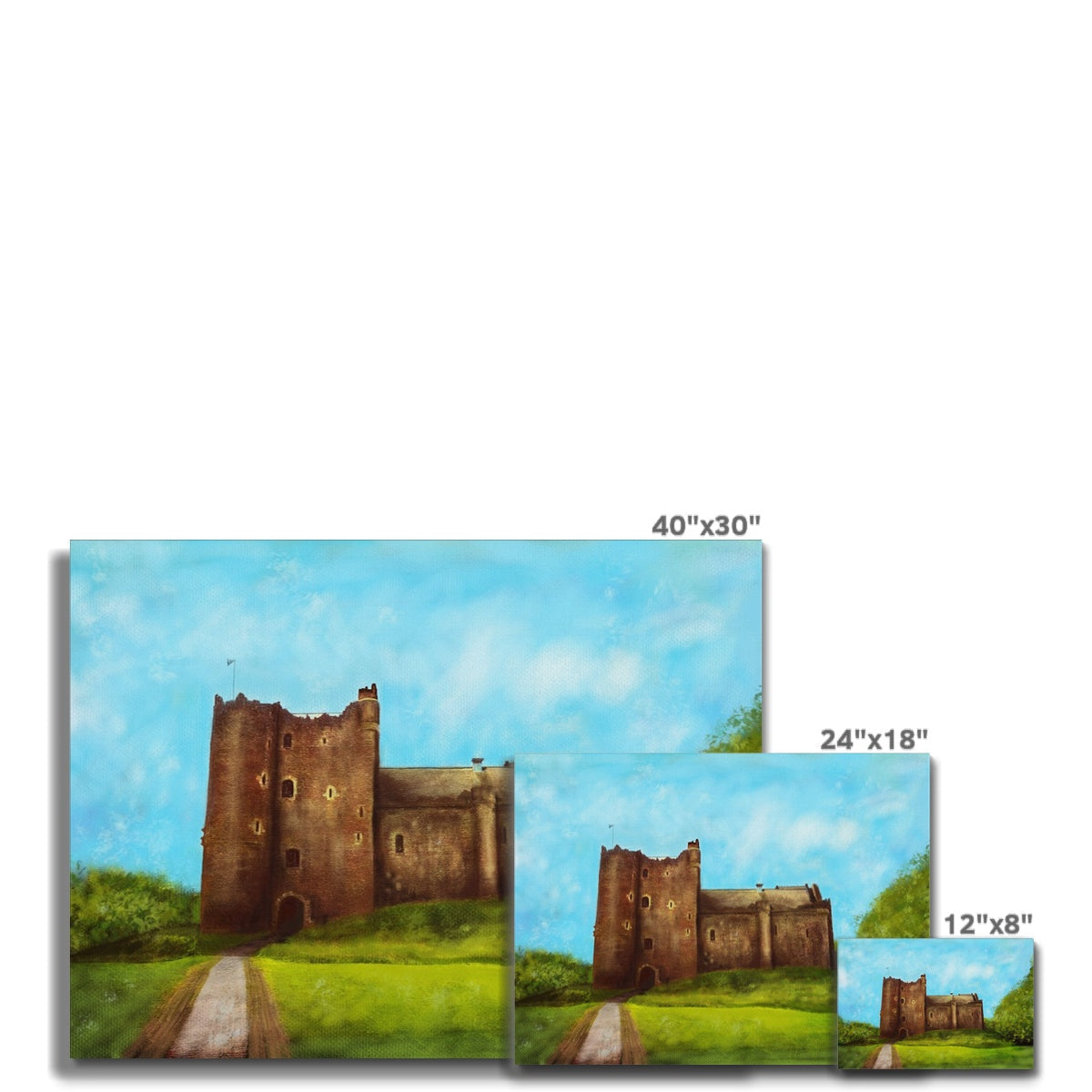 Three canvas prints of a castle painting in varying sizes