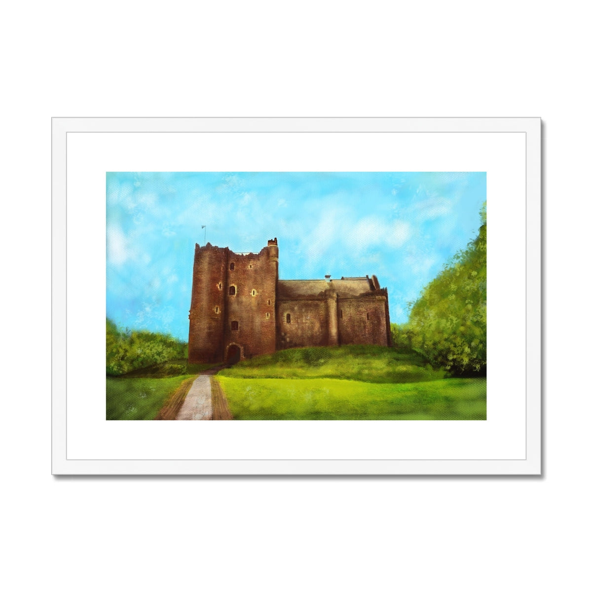 Framed watercolor print of Doune Castle on a grassy hill under a blue sky