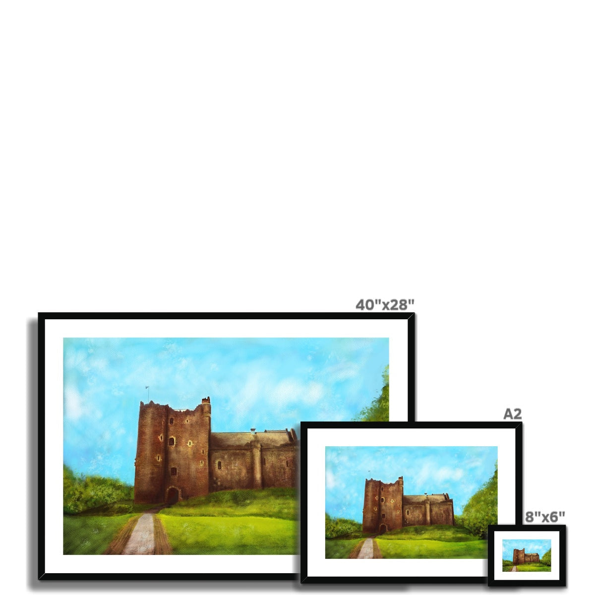 Framed print of Doune Castle on a grassy hill under a blue sky