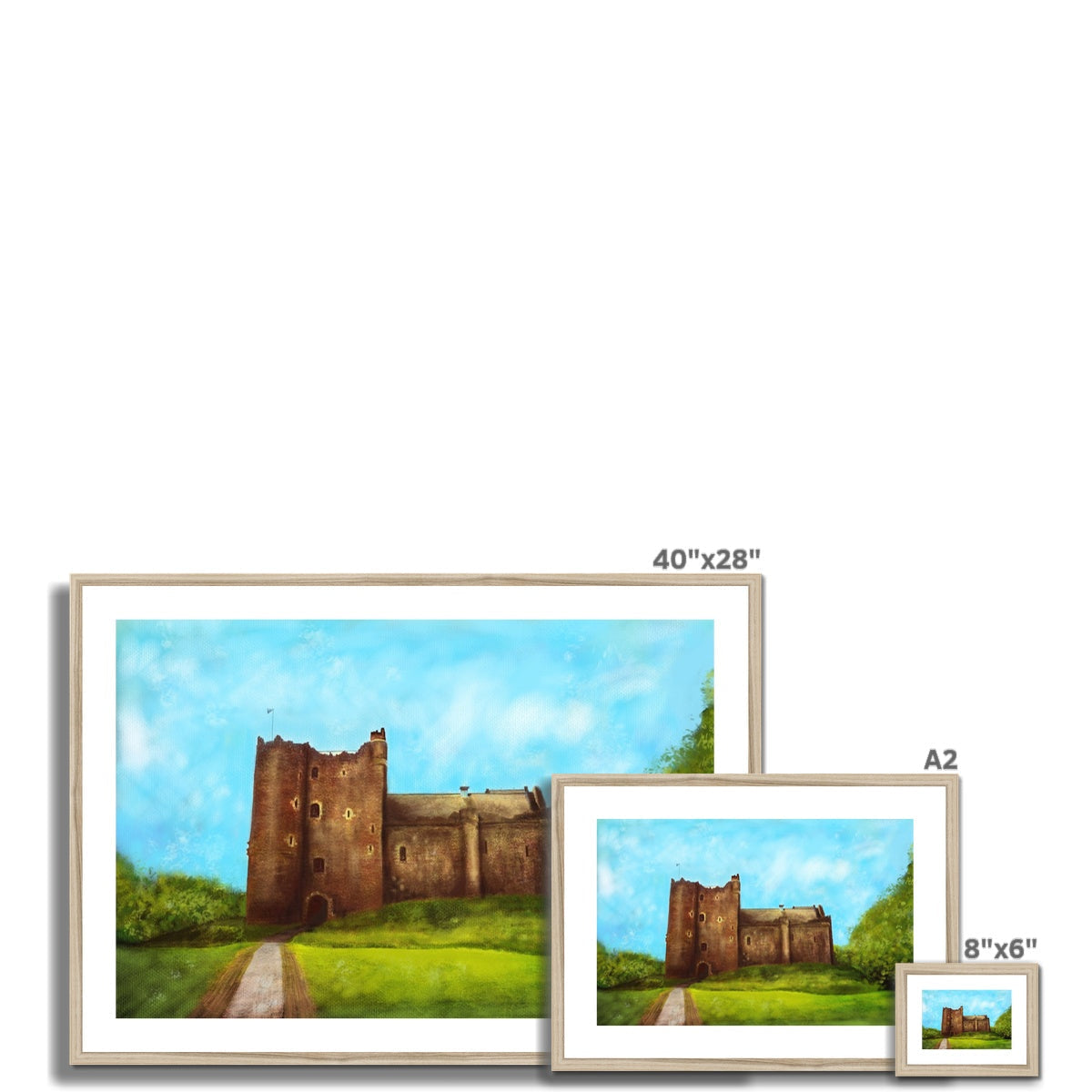 Framed prints of Doune Castle landscape painting displayed in a product listing