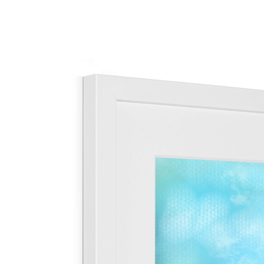 White framed print featuring a light blue image of Doune Castle (Castle Leoch)