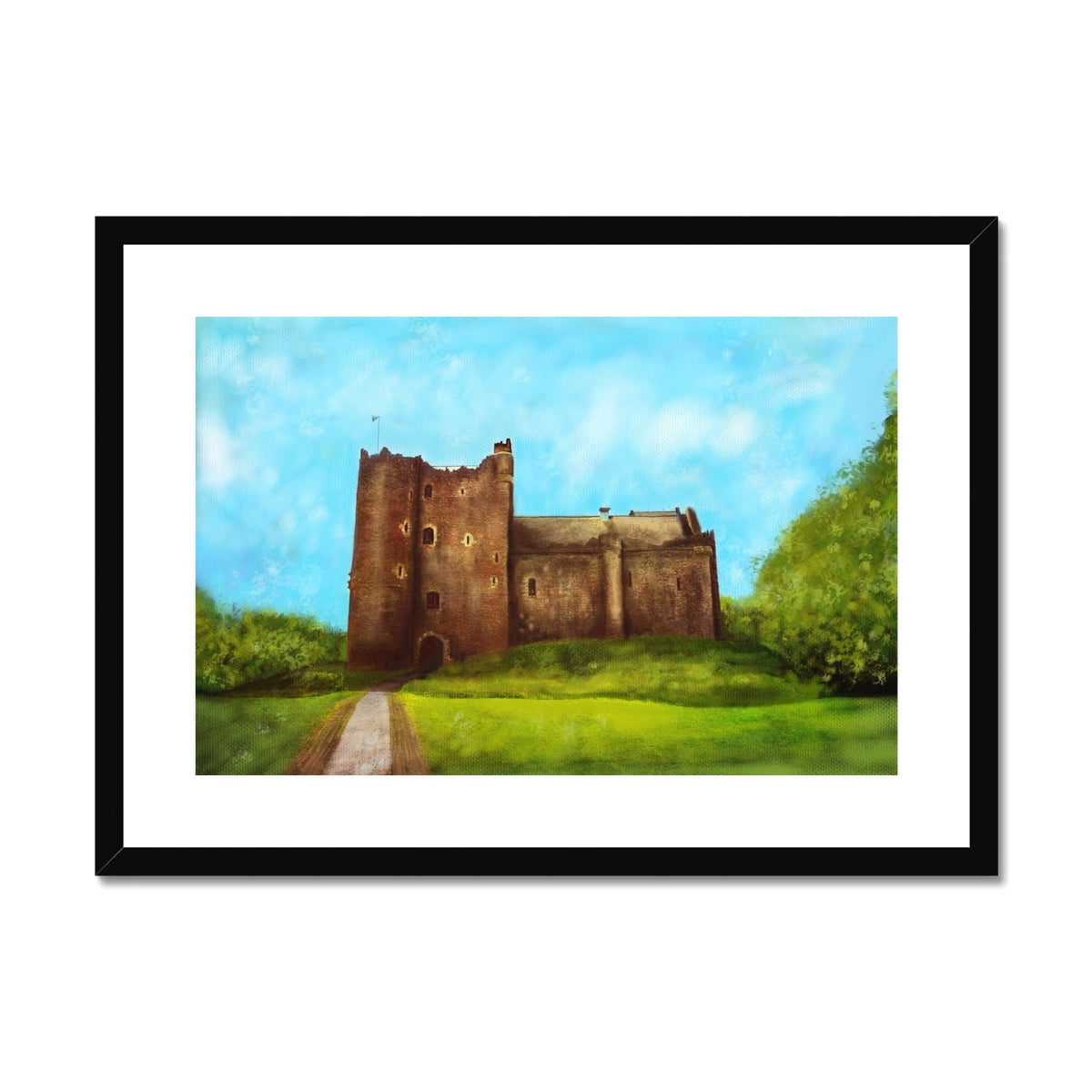 Framed print of Doune Castle Leoch on green hill under blue sky