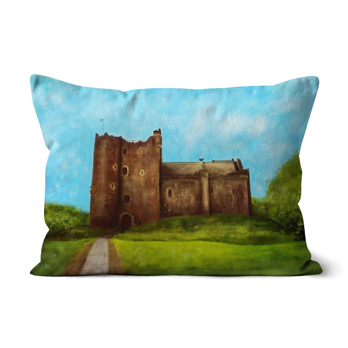 Doune Castle Cushion throw pillow with oil painting of Doune Castle on a grassy hill under blue sky