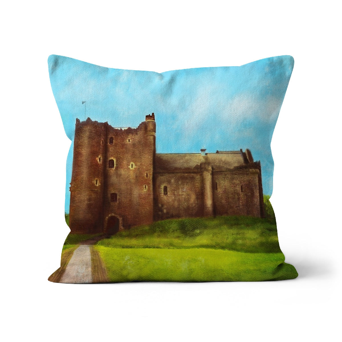 Doune Castle Cushion throw pillow with painted historic stone castle on grassy hill