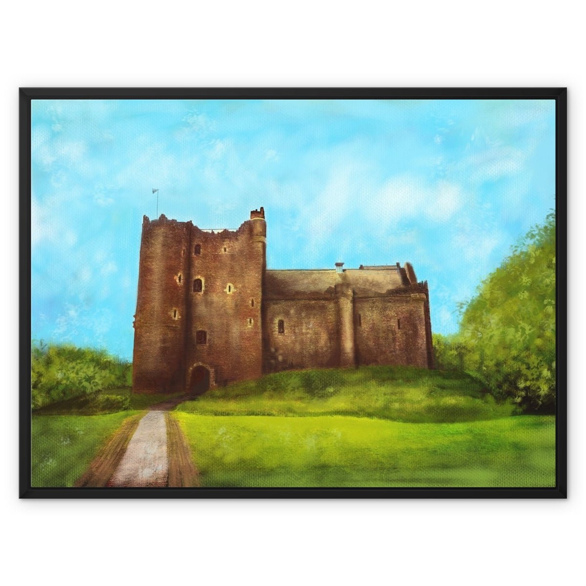Doune Castle Painting | Framed Canvas From Scotland-Floating Framed Canvas Prints-Scottish Castles Art Gallery-32"x24"-Black Frame-Paintings, Prints, Homeware, Art Gifts From Scotland By Scottish Artist Kevin Hunter