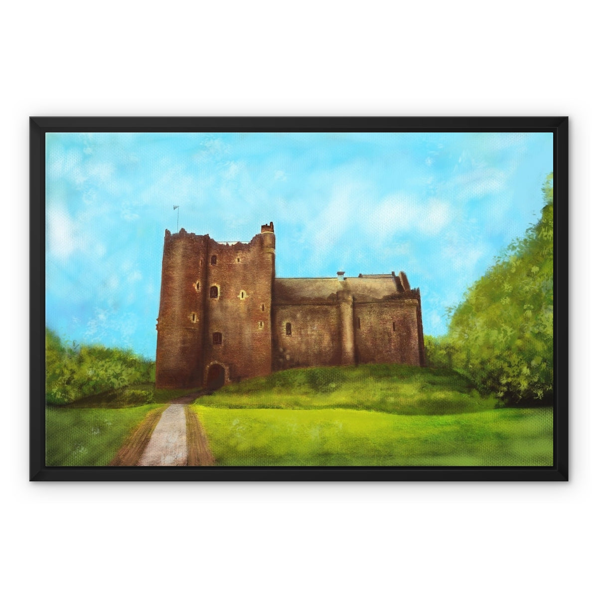 Doune Castle Painting | Framed Canvas From Scotland-Floating Framed Canvas Prints-Historic & Iconic Scotland Art Gallery-24"x18"-Paintings, Prints, Homeware, Art Gifts From Scotland By Scottish Artist Kevin Hunter